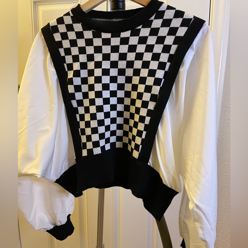 Cropped Checkerboard ballon sleeve ｜one size